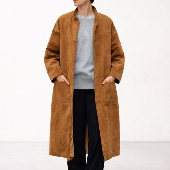 Vintage Jackets & Blazers - VTG 70s Suede Leather Mod Trench Coat Womens 2X-3X Brown Minimalist Patch Pocket
